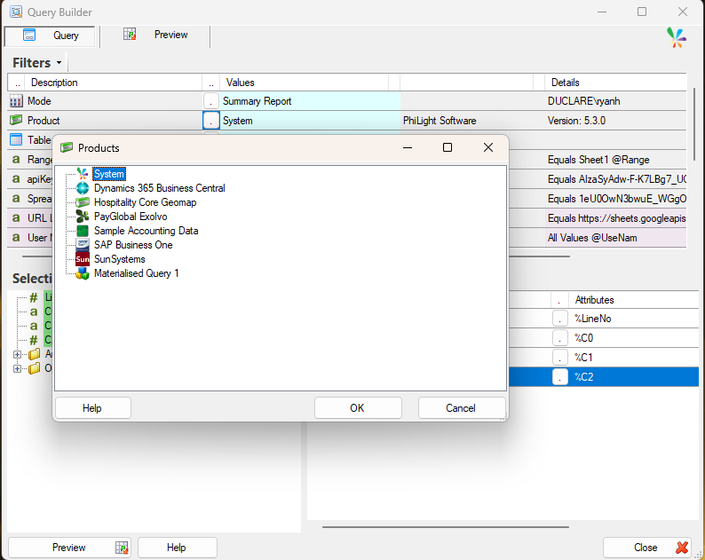 Products in Query Builder