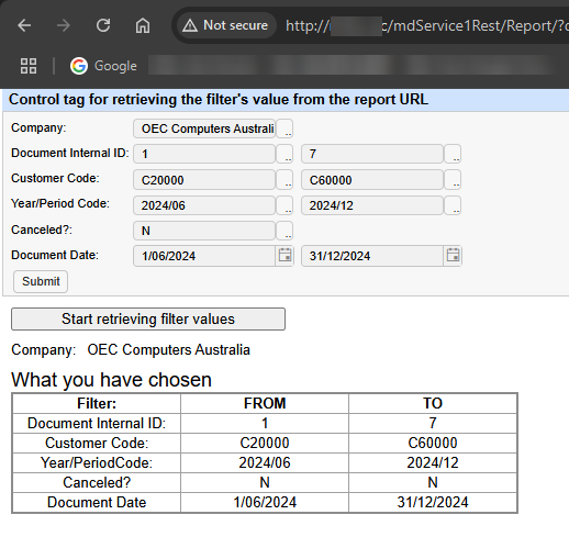 Control tag for retrieving the filter’s value from the report URL