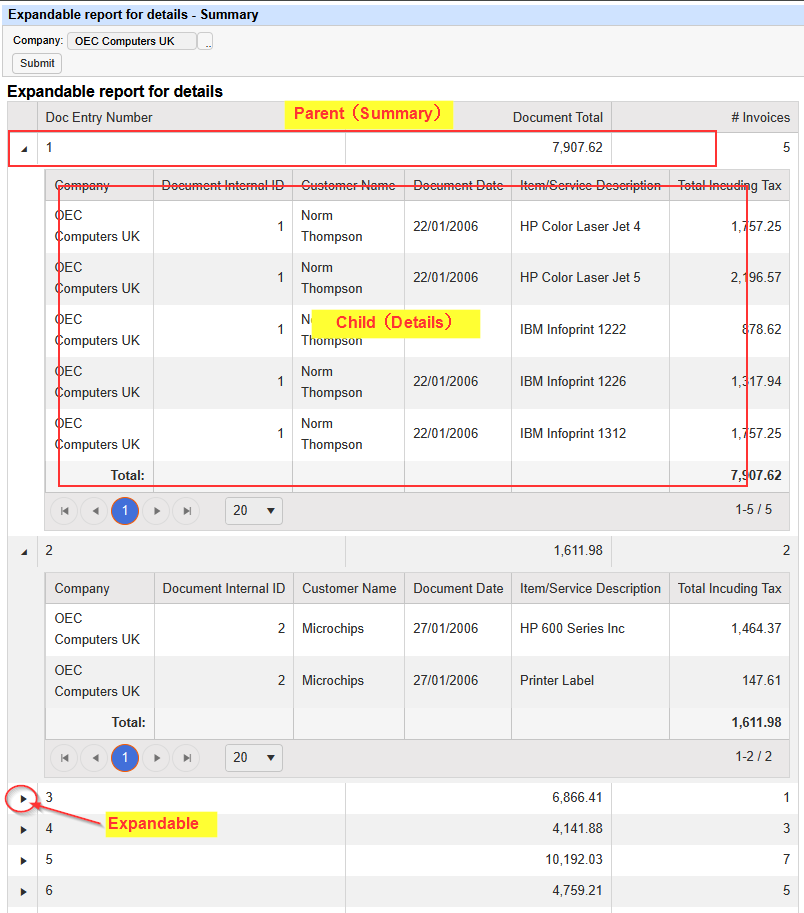 Expandable report for details