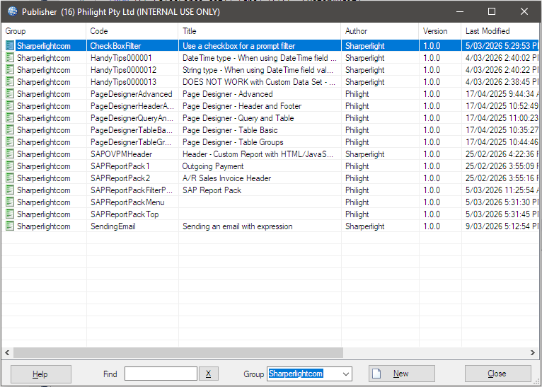 Menu for the Published Reports