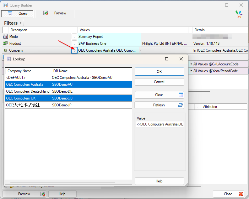 Apply different filter values for each selected company